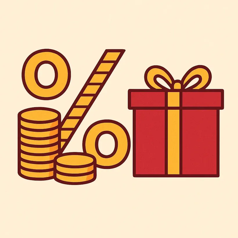 Ilustración de un símbolo de porcentaje formado por monedas junto a una caja de regalo